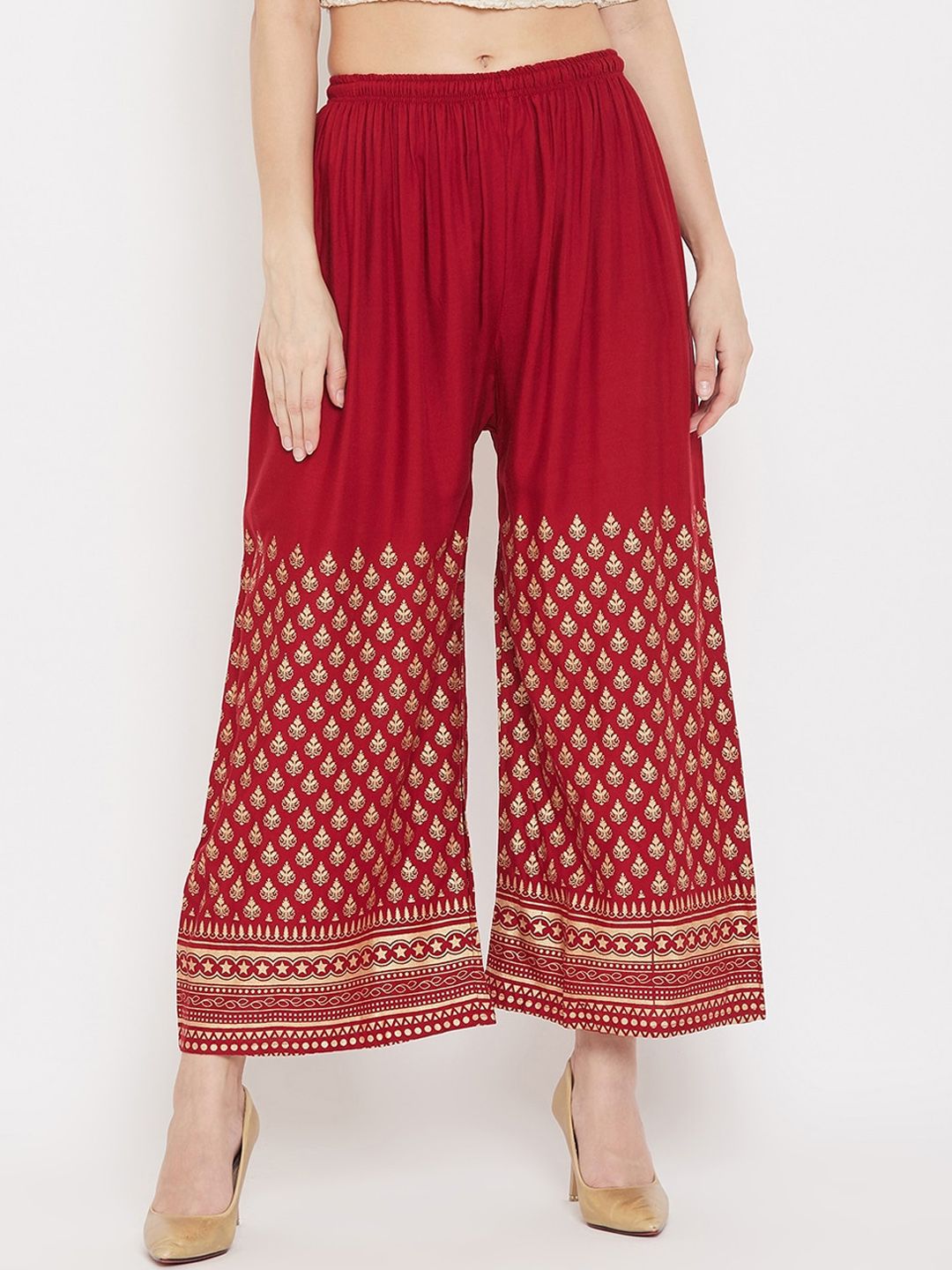 Clora Creation Women Maroon & Gold-Toned Printed Straight Palazzos Price in India