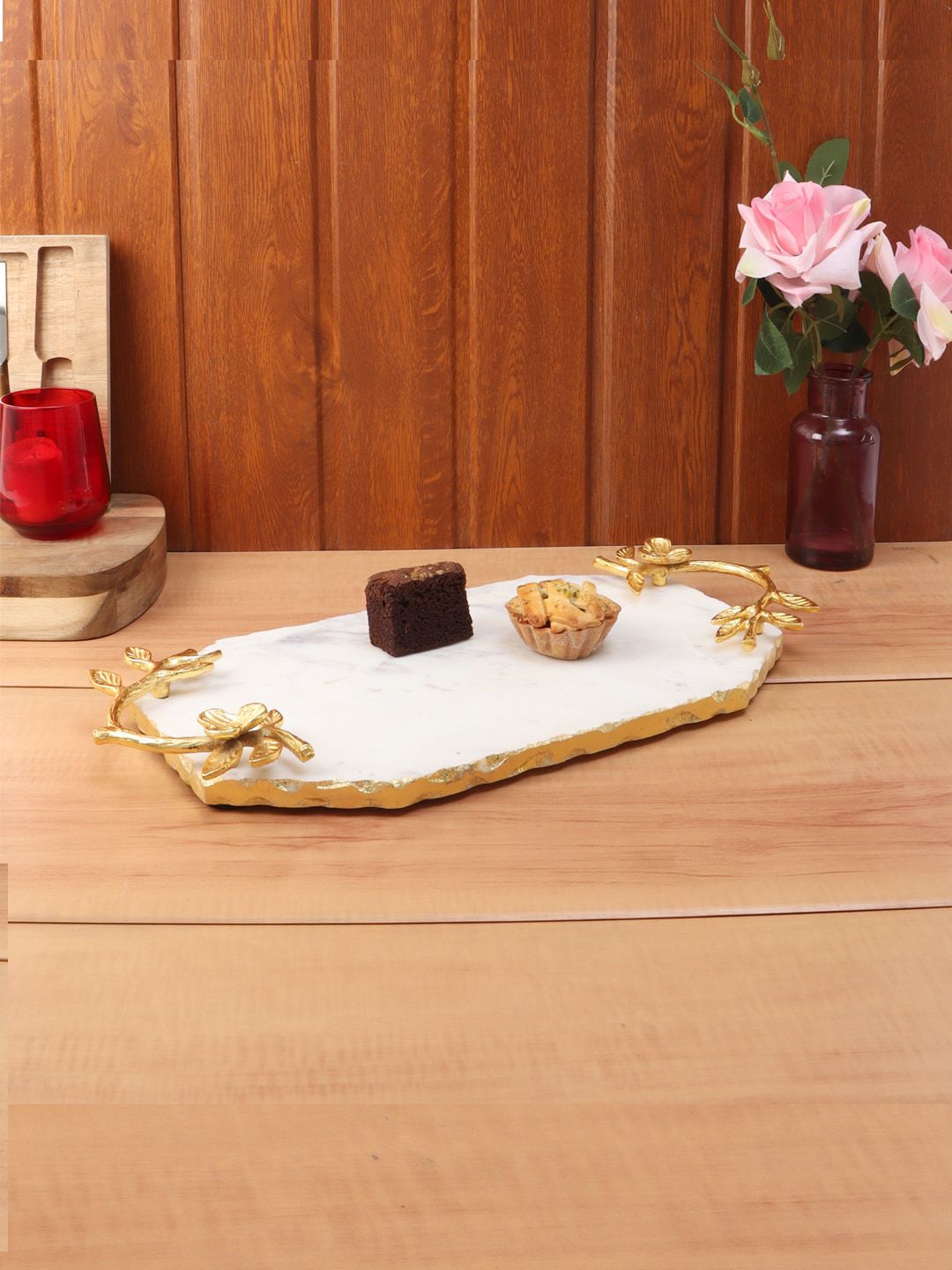 NikkisPride White & Gold-Toned Serving Tray With Handle Price in India