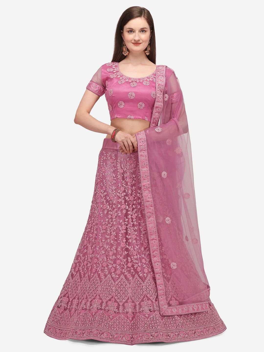 V SALES Pink Embroidered Semi-Stitched Lehenga & Unstitched Blouse with Dupatta