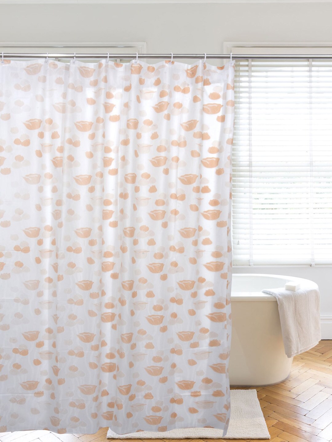 Clasiko Peach & White Printed PVC Plastic Shower Curtain With Hooks Price in India