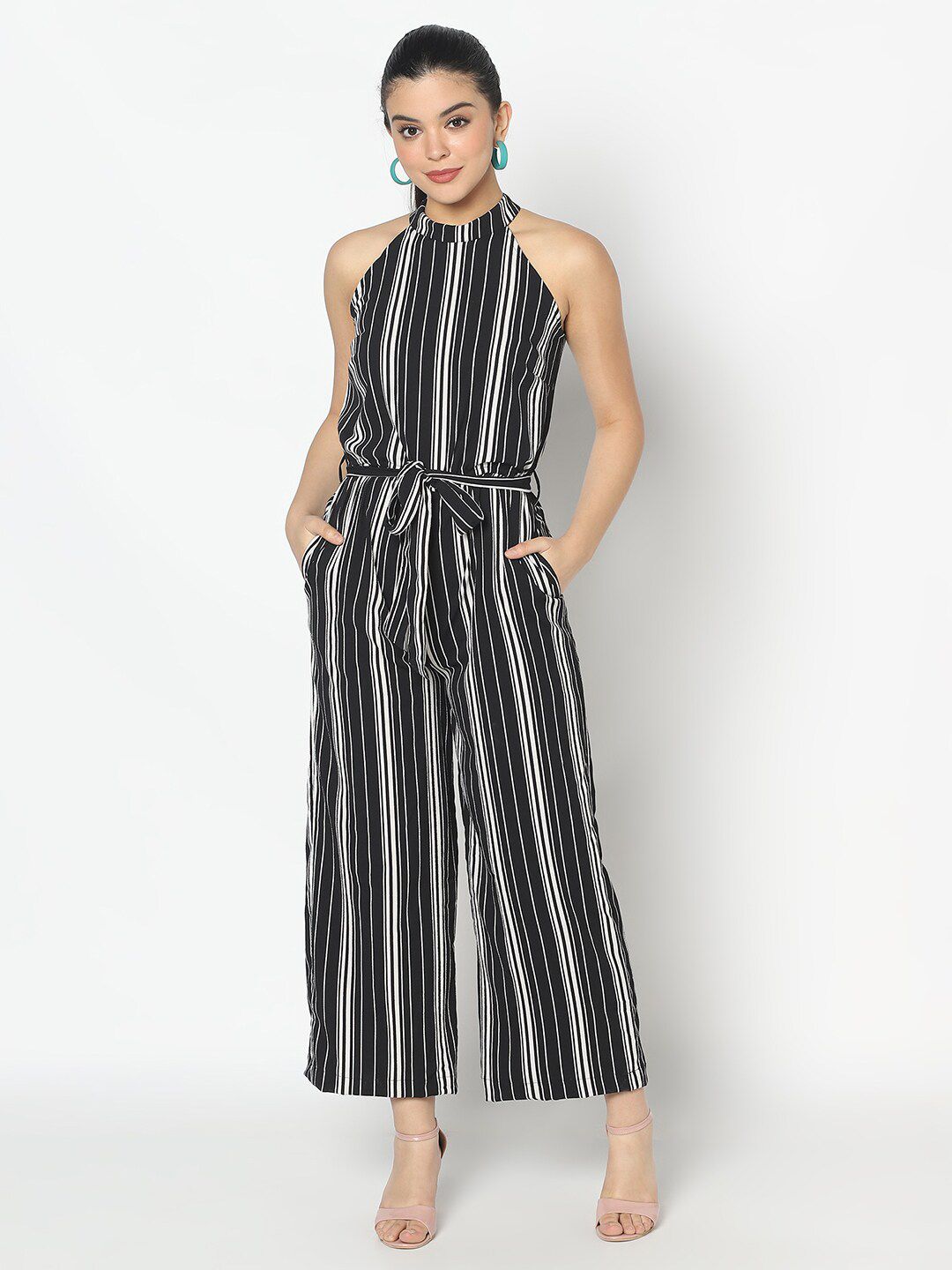 SQew Women Black & White Striped Basic Jumpsuit Price in India