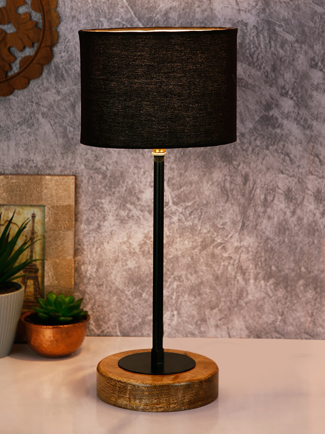 Devansh Black & Brown Self Design Traditional Buffet Table Lamp with Shade Price in India
