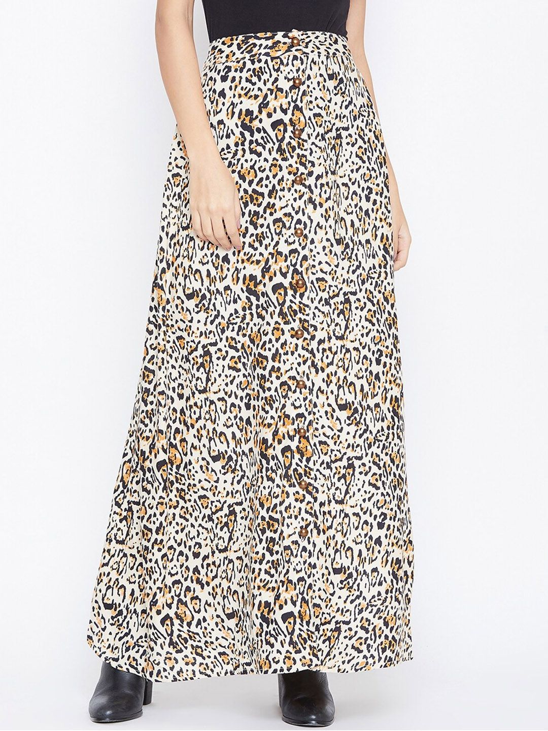 Zastraa Women Off-White & Brown Leopard Printed A-Line Maxi Skirt