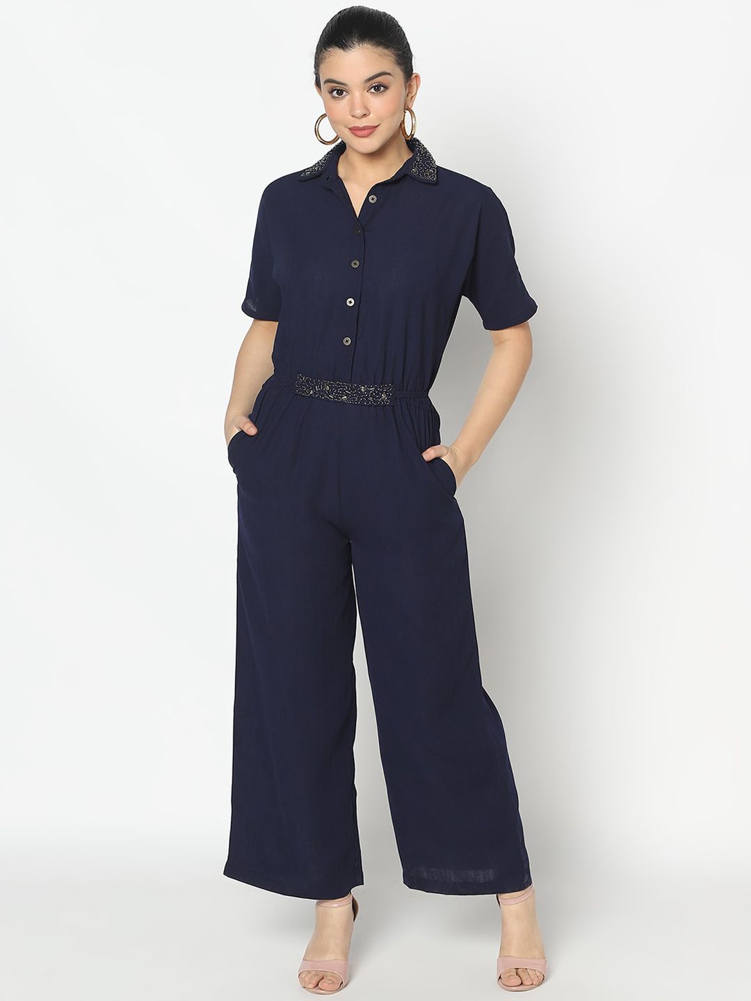 SQew Women Navy Blue Solid Jumpsuit Price in India