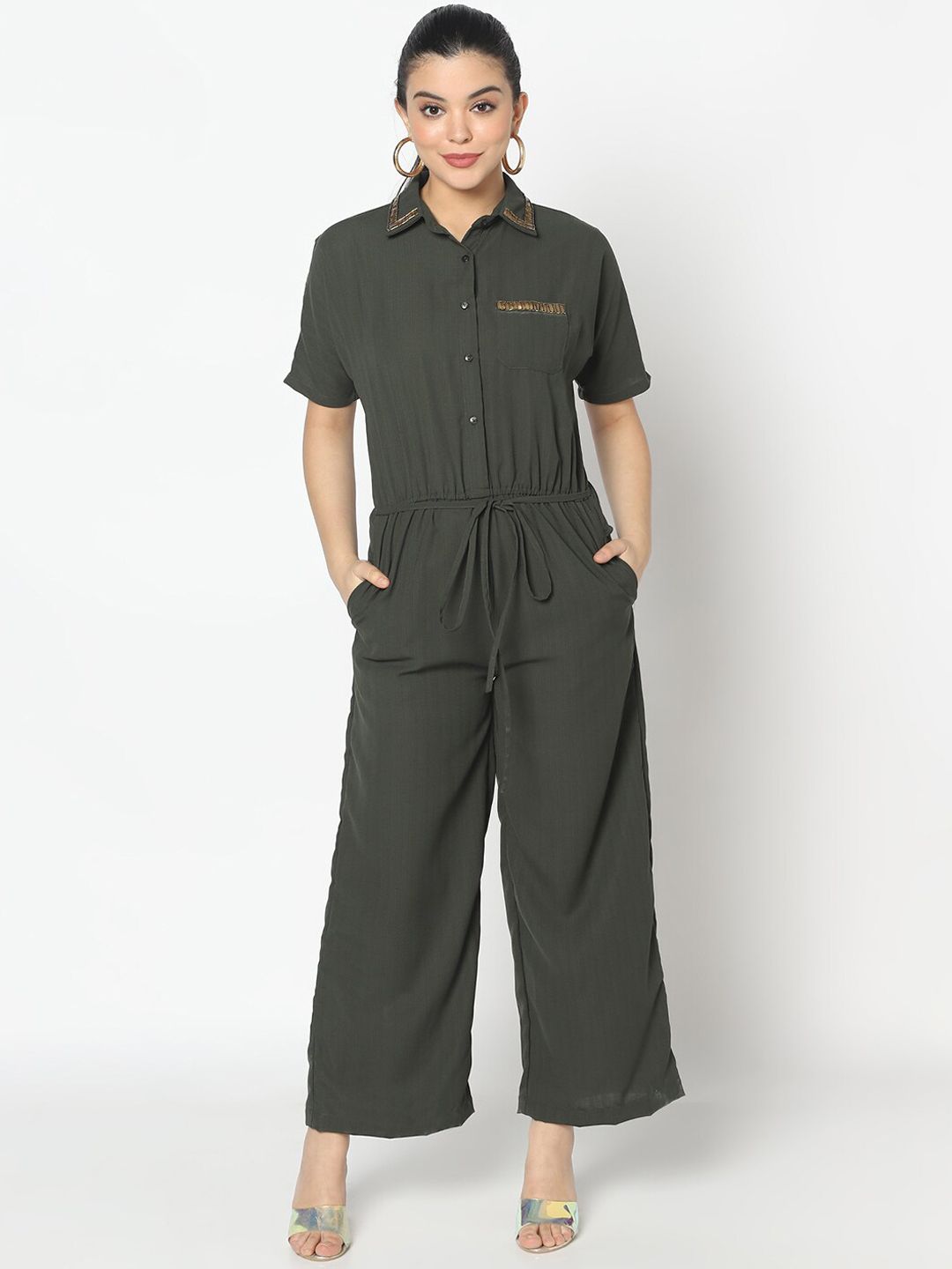 SQew Women Olive Green & Gold-Toned Solid Basic Jumpsuit Price in India