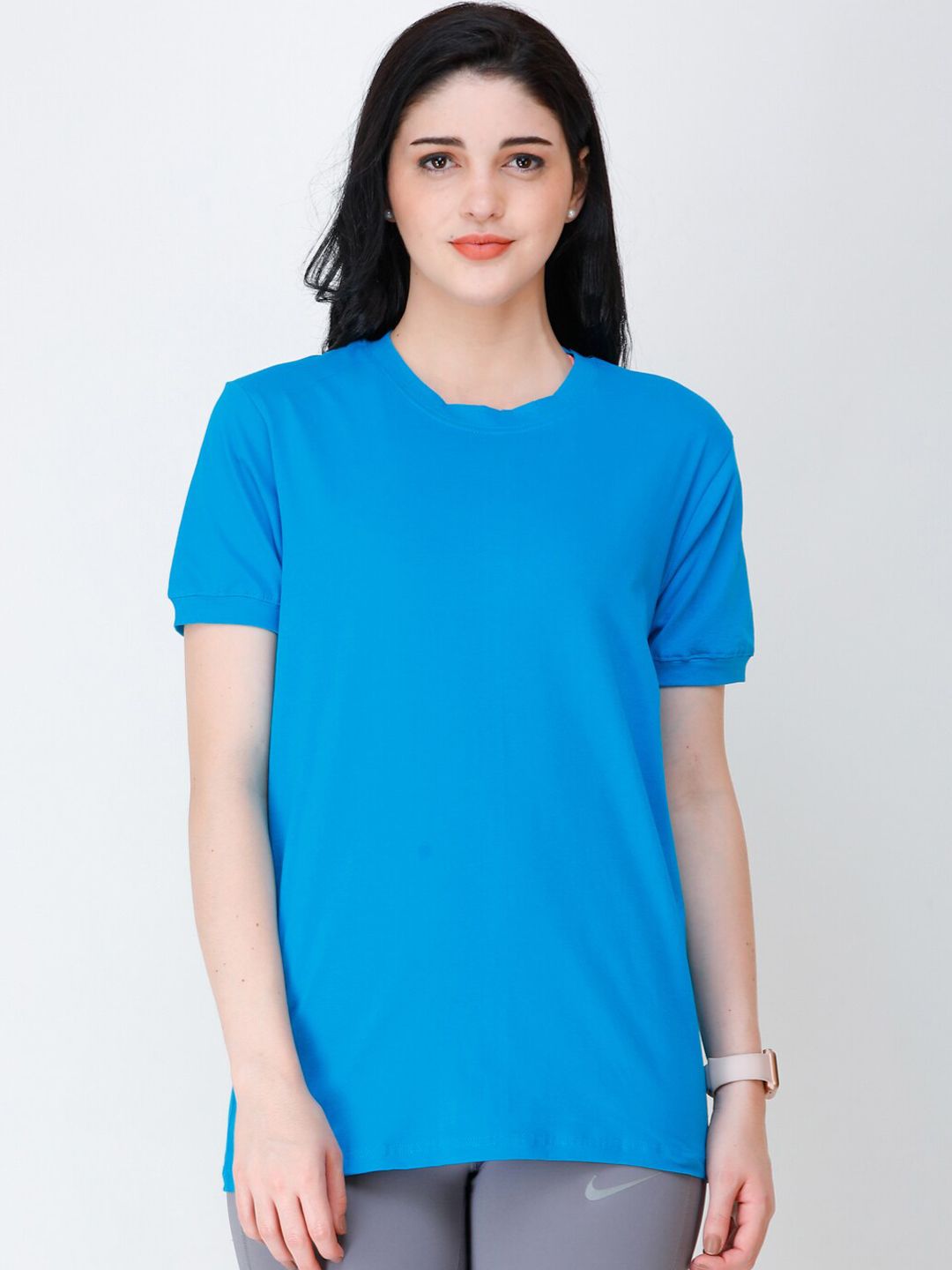 SCORPIUS Women Blue Solid Round Neck T-shirt Price in India