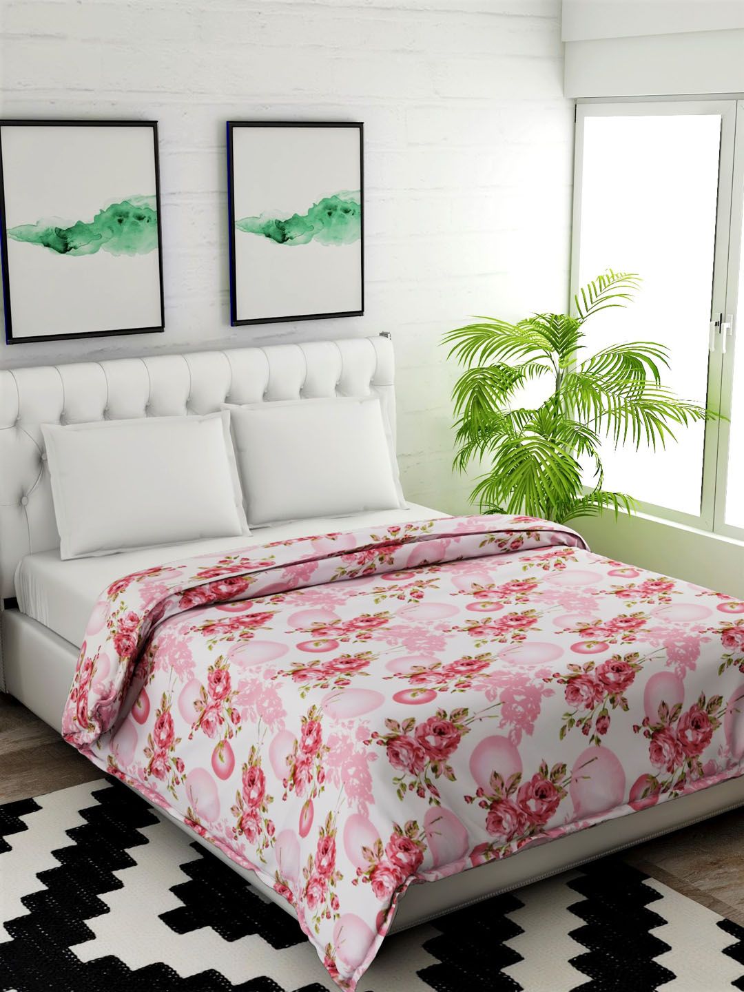 Salona Bichona Pink & White Floral Mild Winter Cotton 120 GSM Double Bed Comforter Price in India