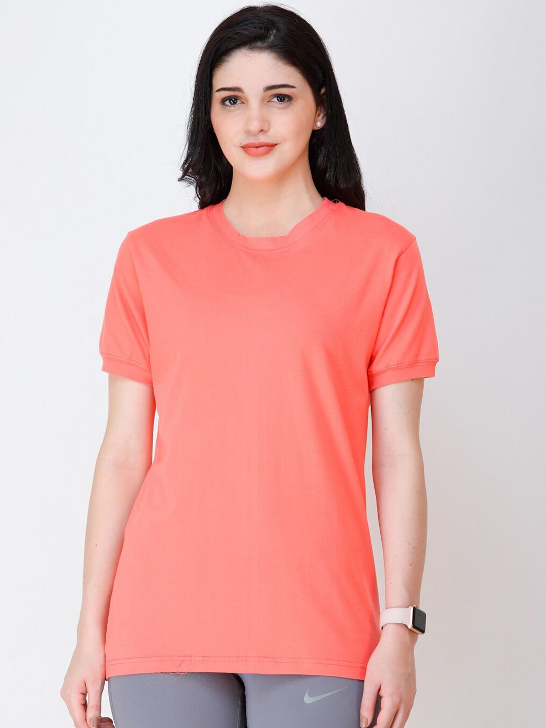 SCORPIUS Women Coral Pink Solid Round Neck T-shirt Price in India