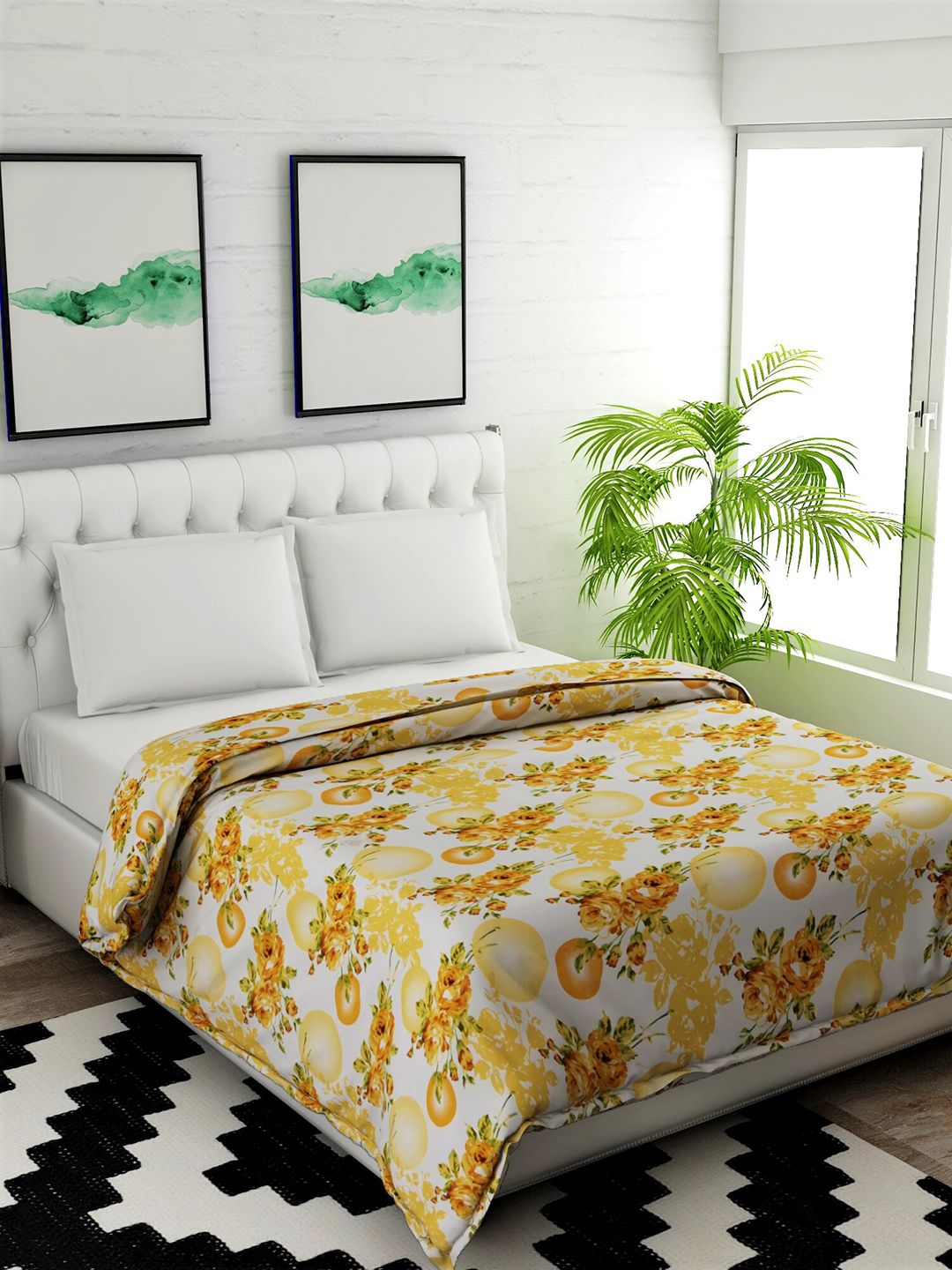 Salona Bichona White & Yellow Floral Mild Winter 120 GSM Double Bed Comforter Price in India