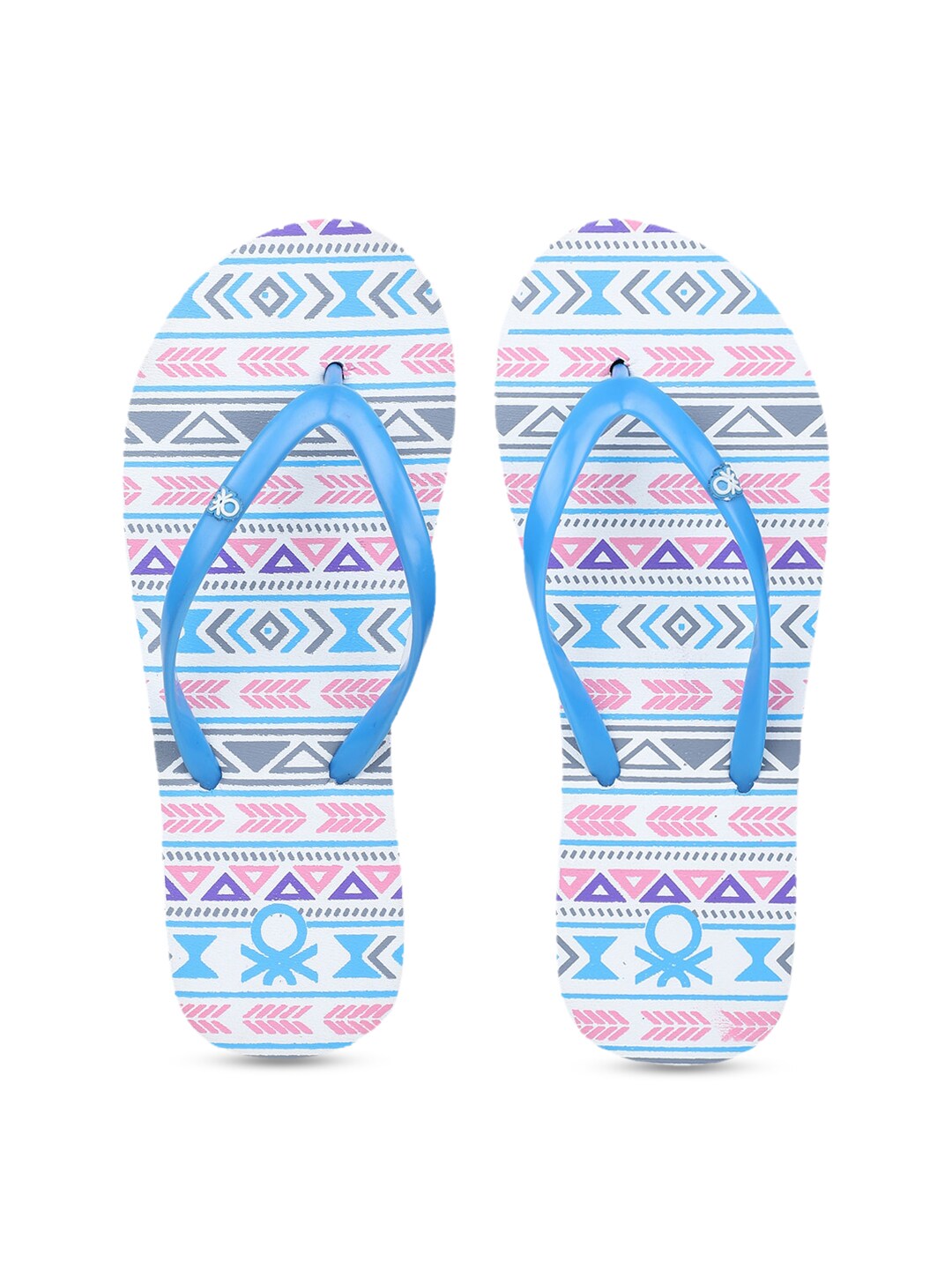 United Colors of Benetton Women White & Blue Aztec Printed Thong Flip-Flops Price in India