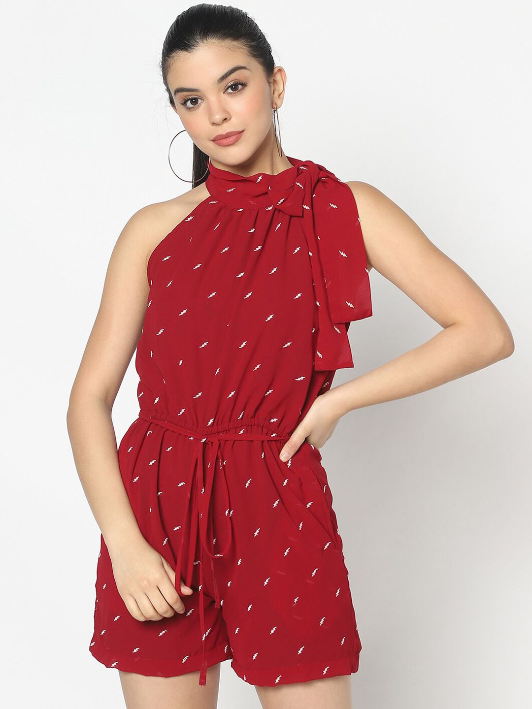 SQew Women Maroon & White All Over Embroidery Playsuit Price in India
