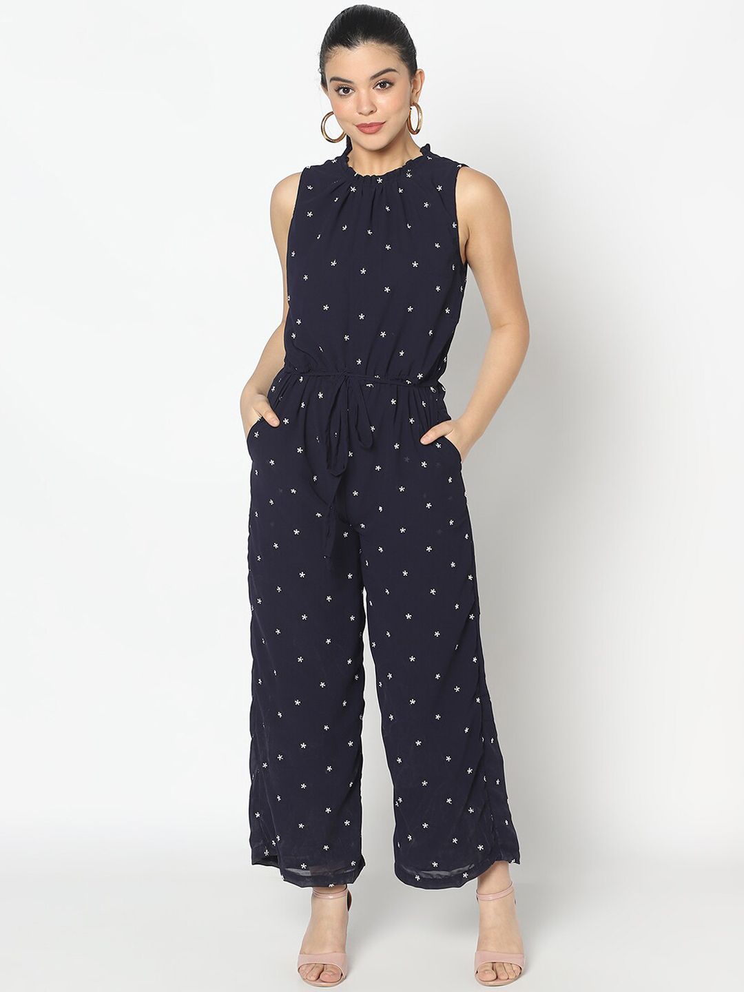 SQew Women Navy Blue & White Emboidered Basic Jumpsuit Price in India