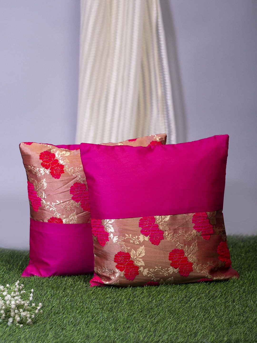 Alina decor Pink & Gold-Toned Set of 2 Floral Square Cushion Covers Price in India