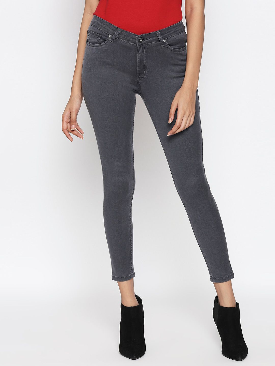 People Women Grey Skinny Fit Mid-Rise Clean Look Pure Cotton Jeans Price in India