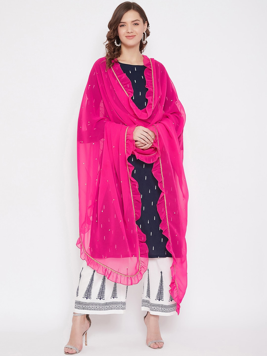 Bitterlime Pink & Gold-Toned Solid Ruffled Dupatta Price in India