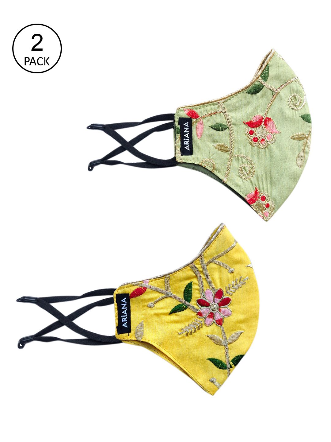 Ariana Pack Of 2 Green & Yellow Intricate Floral Embroidered Reusable Cloth Face Masks Price in India