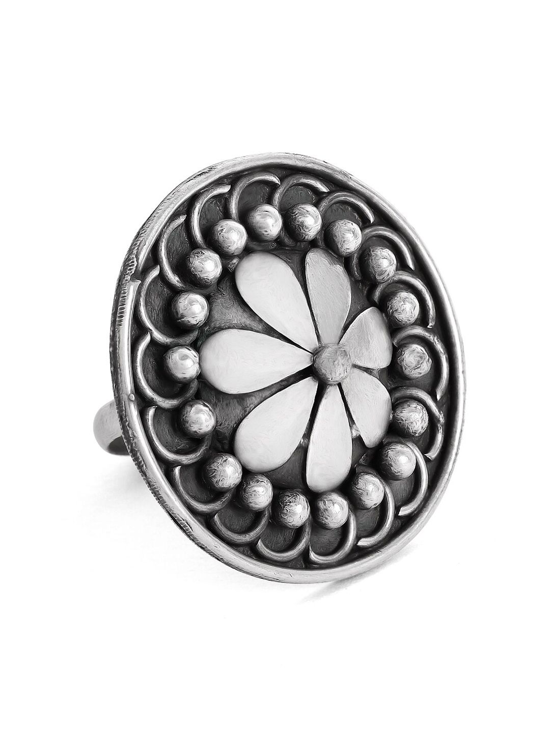 Rubans Oxidised Silver-Plated Adjustable Handcrafted Finger Ring Price in India