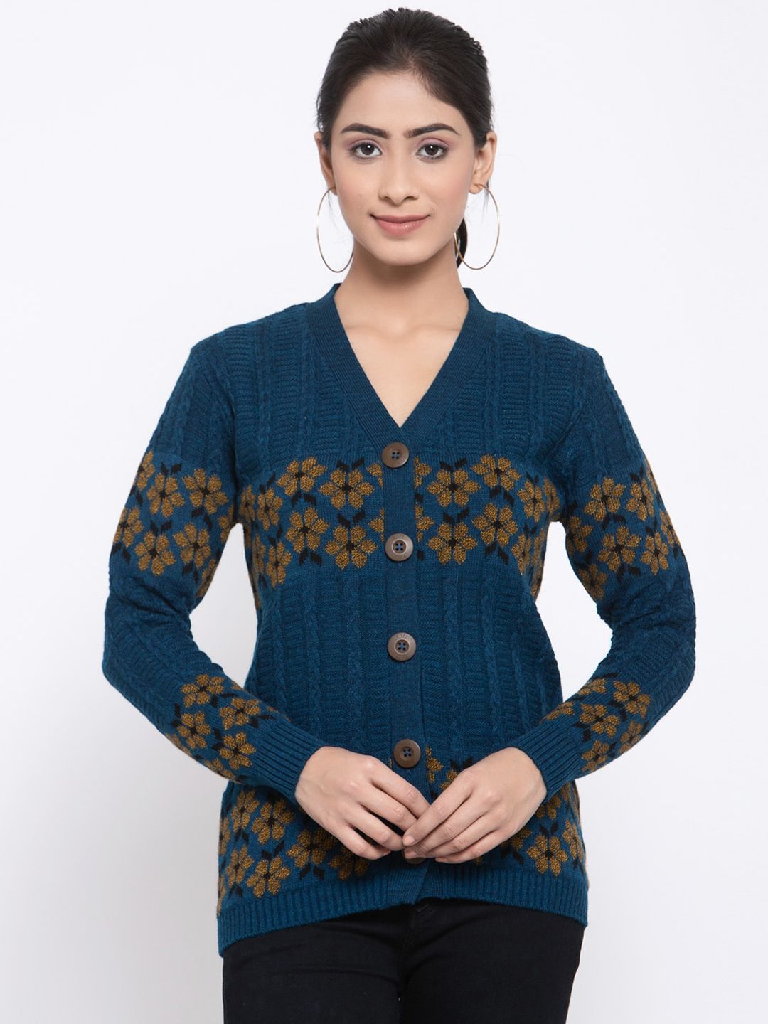 Kalt Women Blue Self Design Cardigan Sweater Price in India