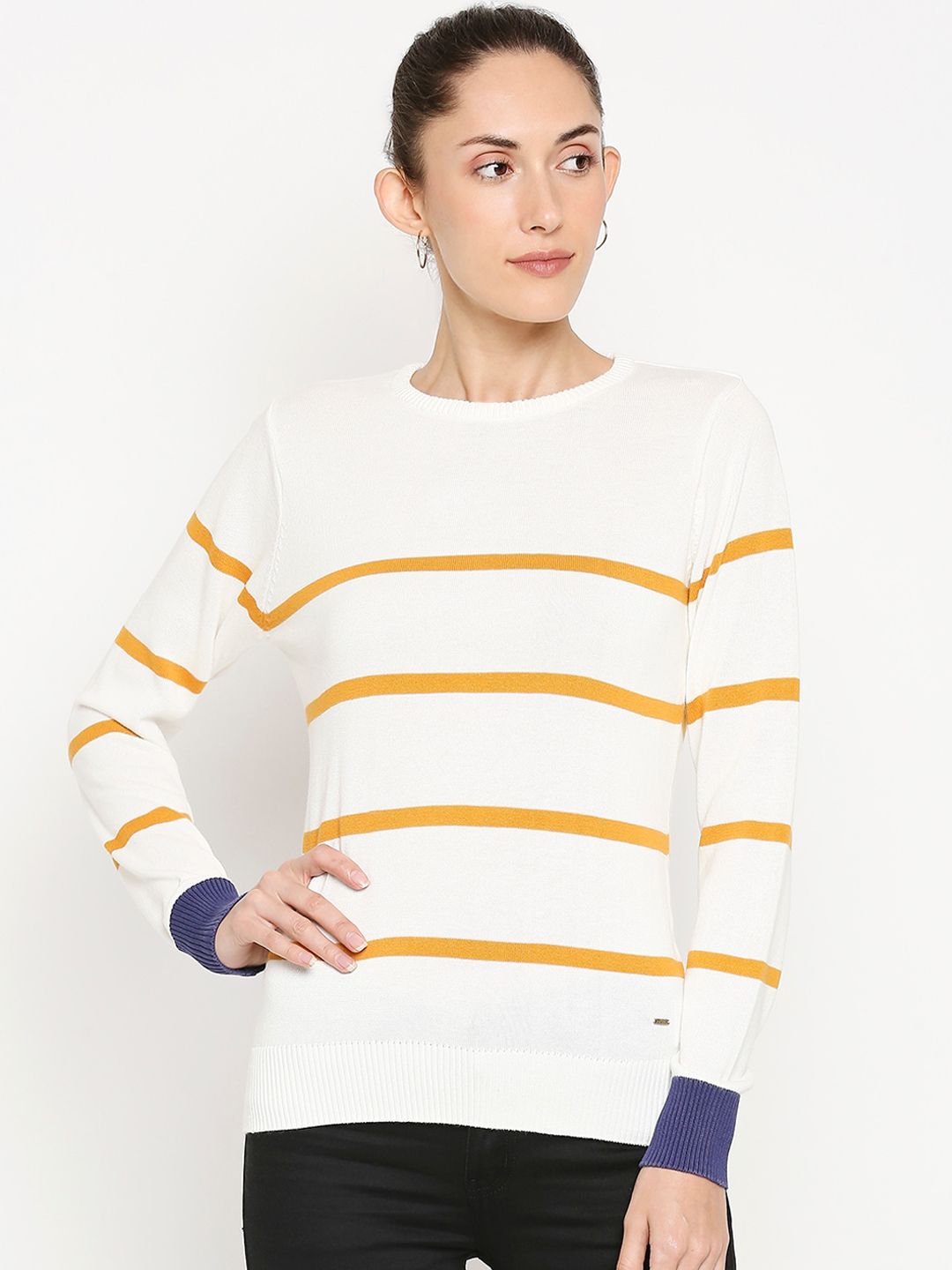People Women White & Yellow Striped Pullover Sweater Price in India