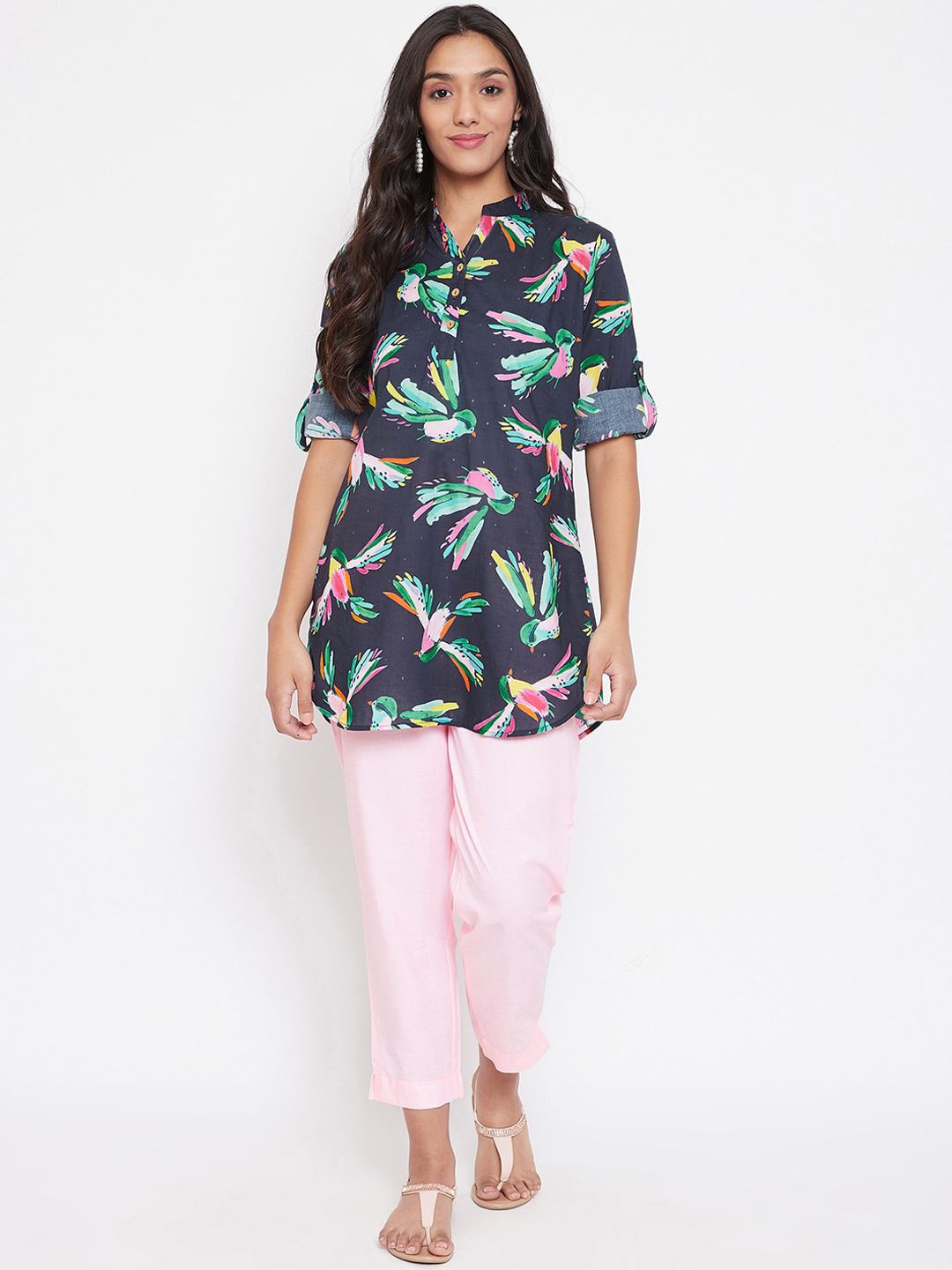 Bitterlime Women Navy Blue & Green Printed Tunic with Trousers Price in India