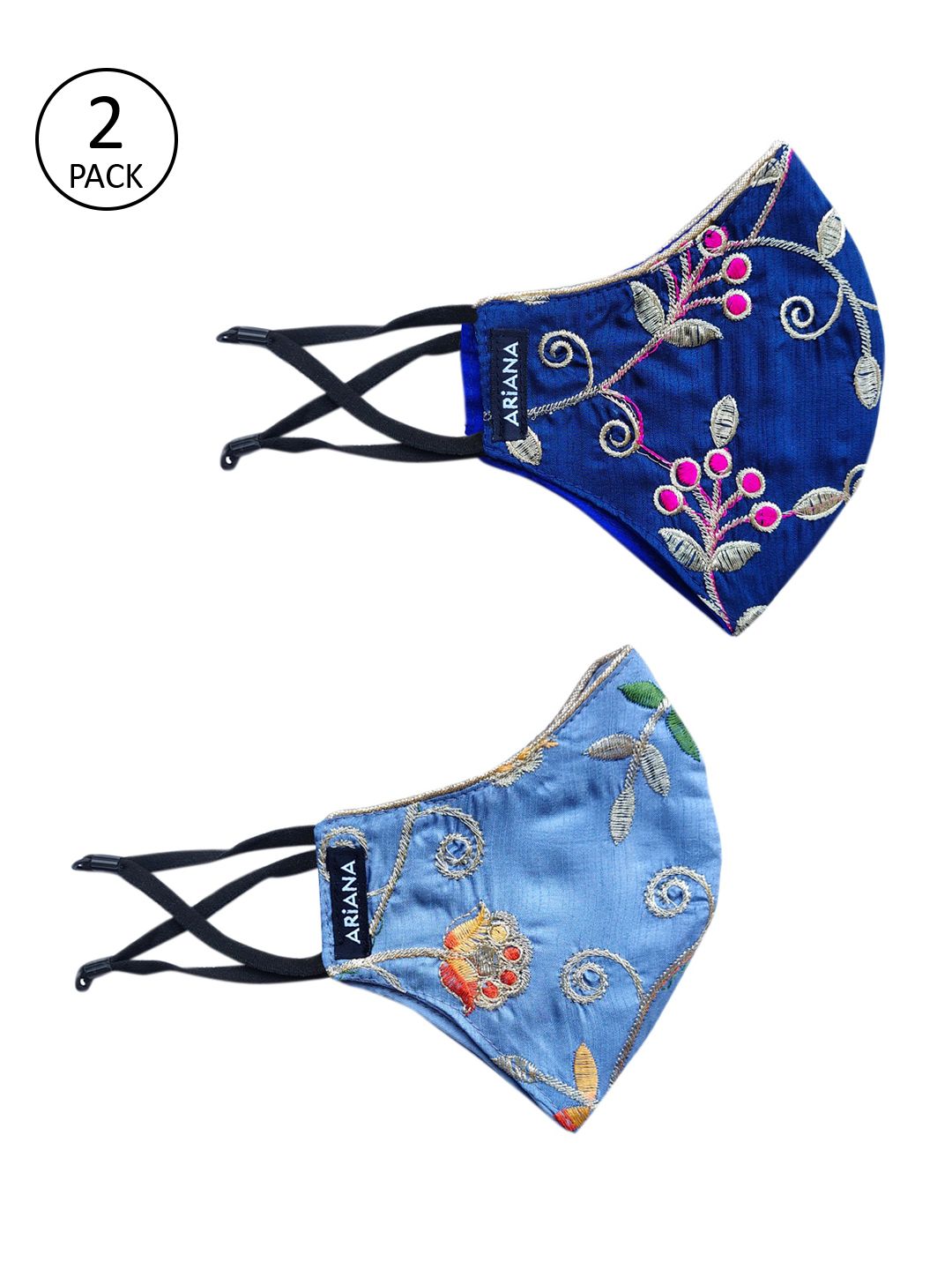 Ariana Women Pack Of 2 Blue Embroidered 2-Ply Reusable Protective Outdoor Cloth Masks Price in India