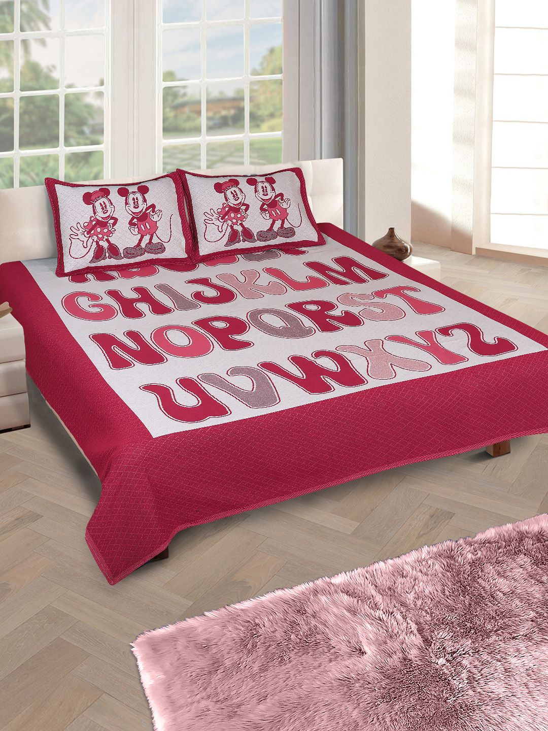 ROMEE Maroon & White Cartoon Characters Printed 400 TC Queen Bedsheet With 2 Pillow Covers Price in India