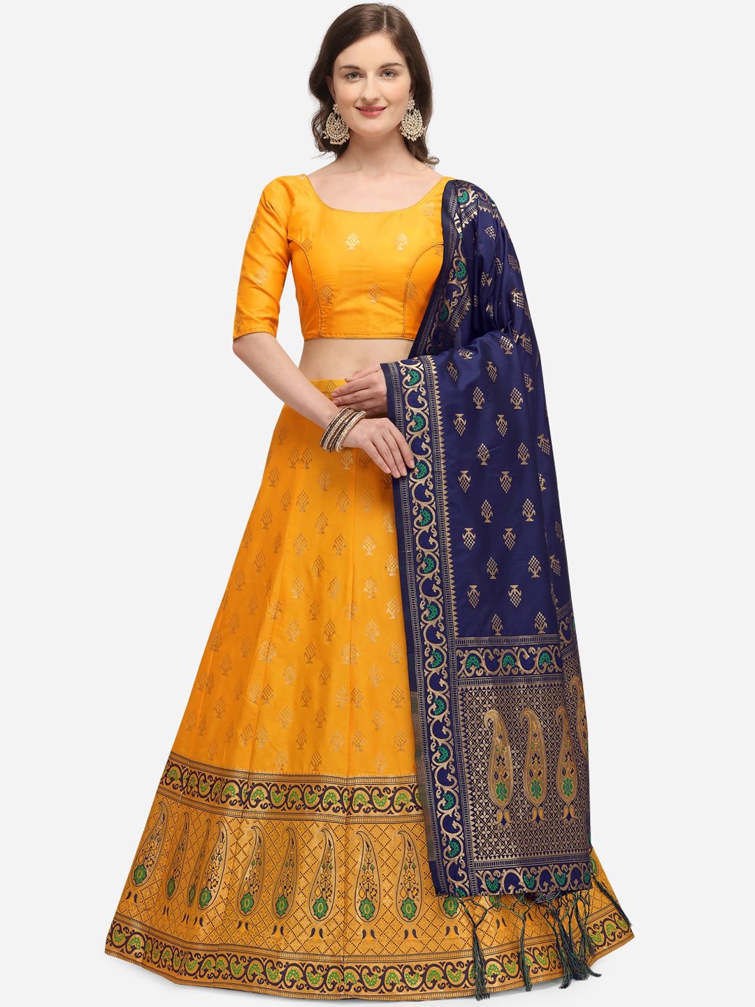 JATRIQQ Yellow & Navy Blue Woven Design Semi-Stitched Lehenga & Unstitched Blouse with Dupatta Price in India