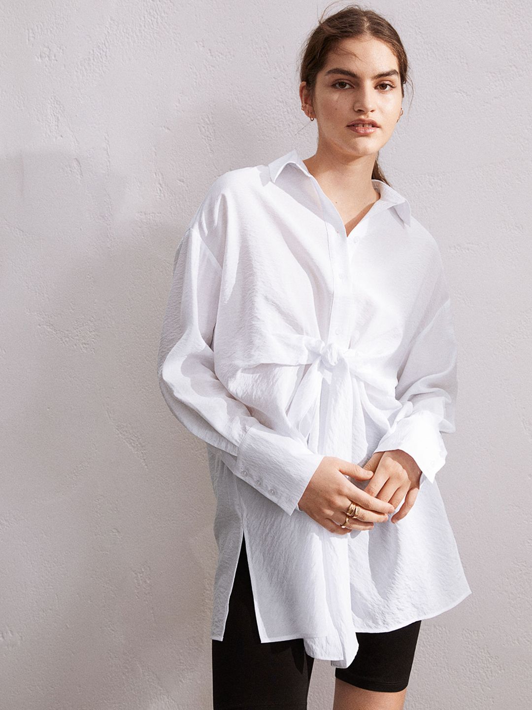 H&M Women White Long Tie-Detail Shirt