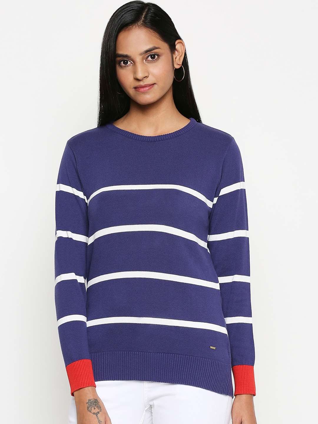 People Women Navy Blue Striped Pullover Sweater Price in India
