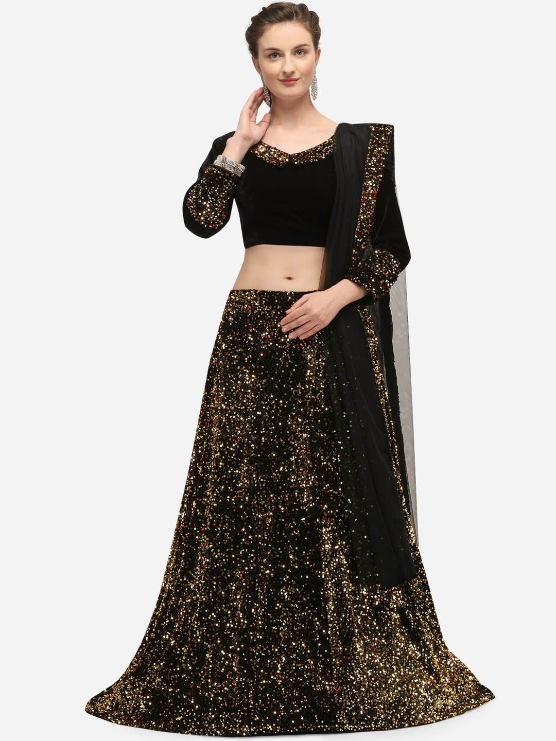 JATRIQQ Black & Gold-Toned Solid Semi-Stitched Lehenga & Unstitched Blouse with Dupatta