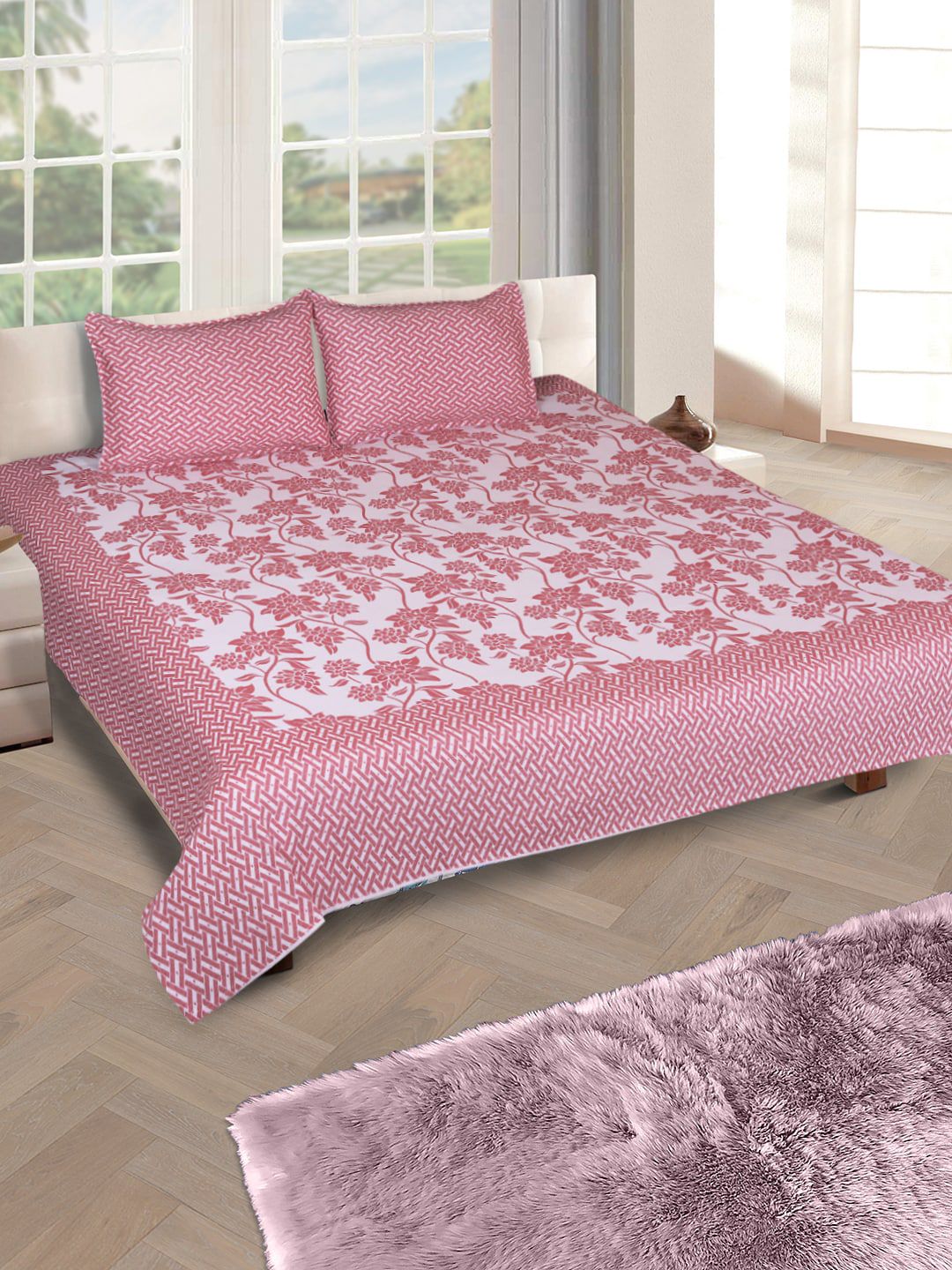 ROMEE Pink & White Floral Printed Bed Cover With 2 Pillow Covers Price in India