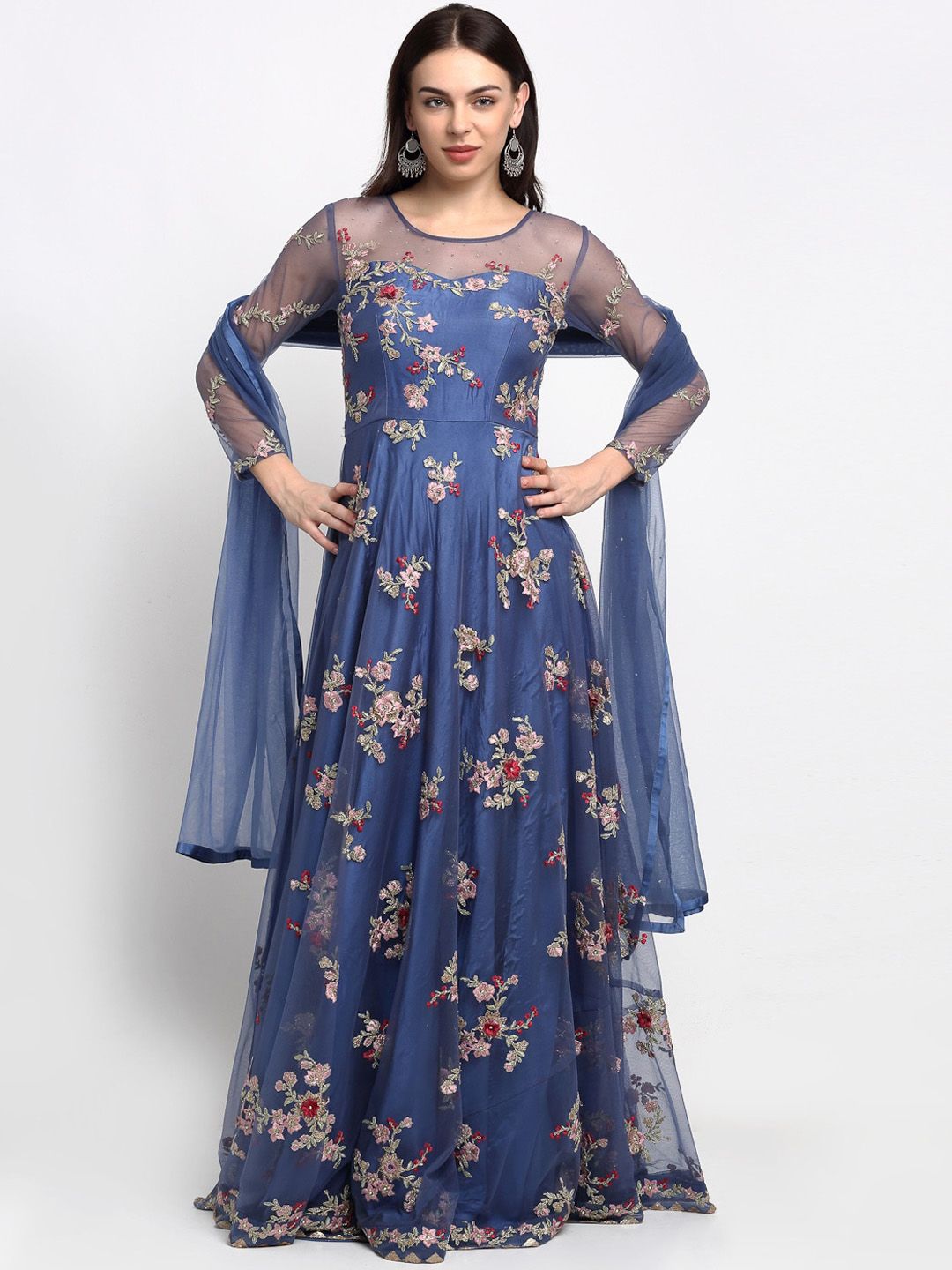 Stylee LIFESTYLE Blue & Gold-Toned Net Semi-Stitched Dress Material