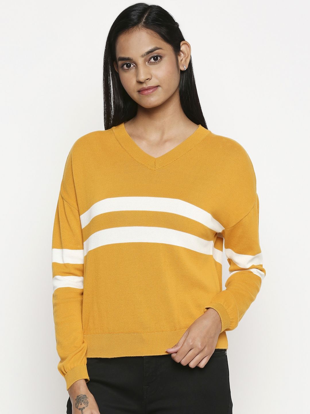 People Women Yellow & White Striped Cotton Pullover Sweater Price in India