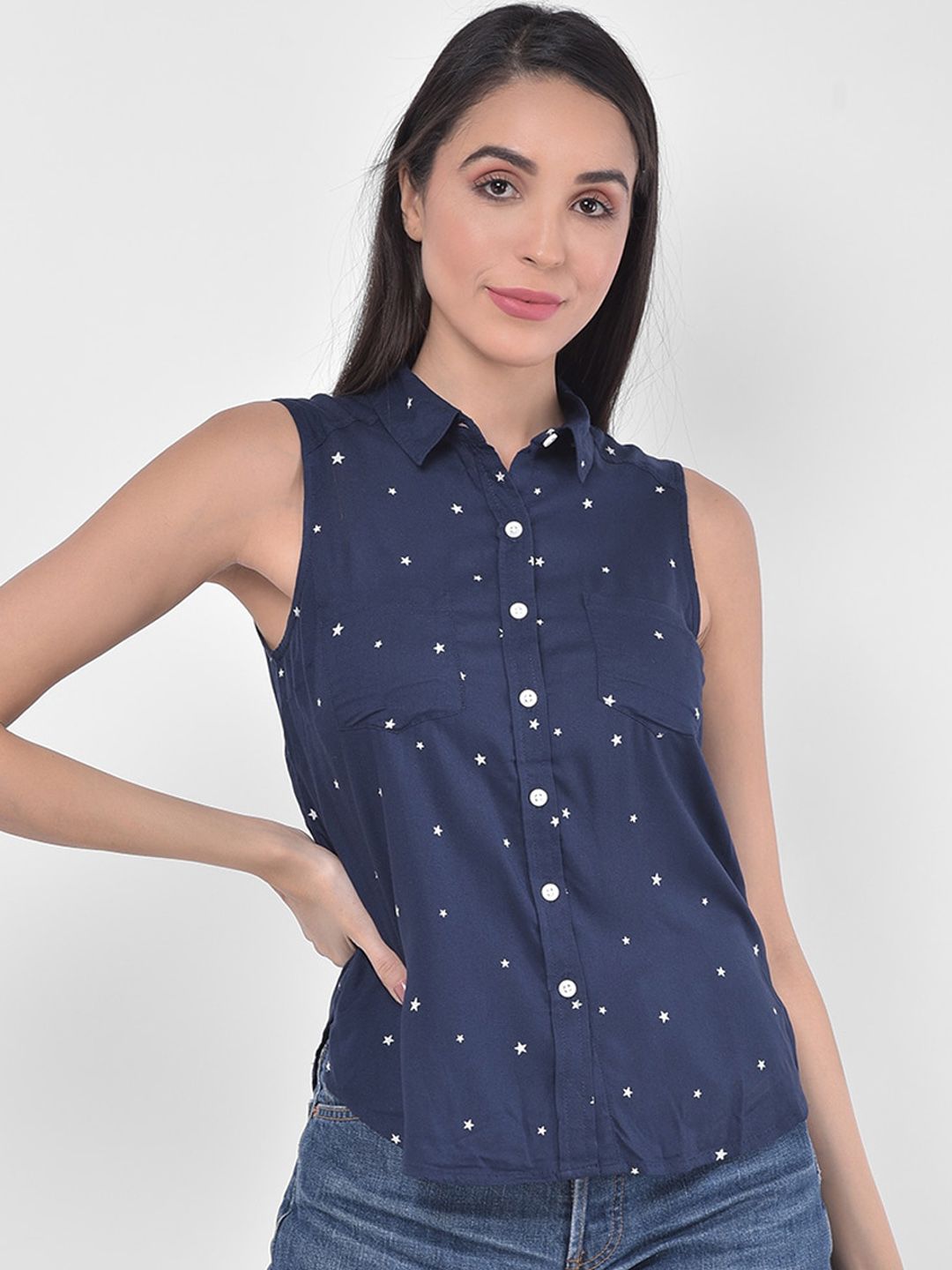 JAAIVE Blue Printed Shirt Style Top