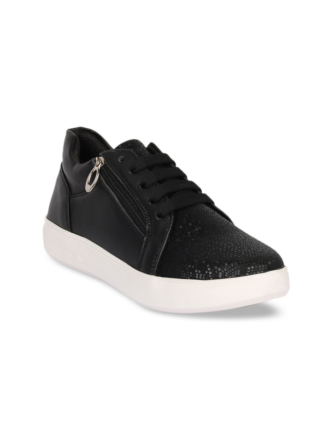 ZAPATOZ Women Black Textured PU Sneakers Casual Shoes Price in India