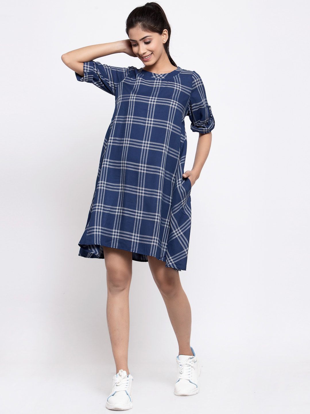 TERQUOIS Women Blue Checked A-Line Oversized Dress Price in India
