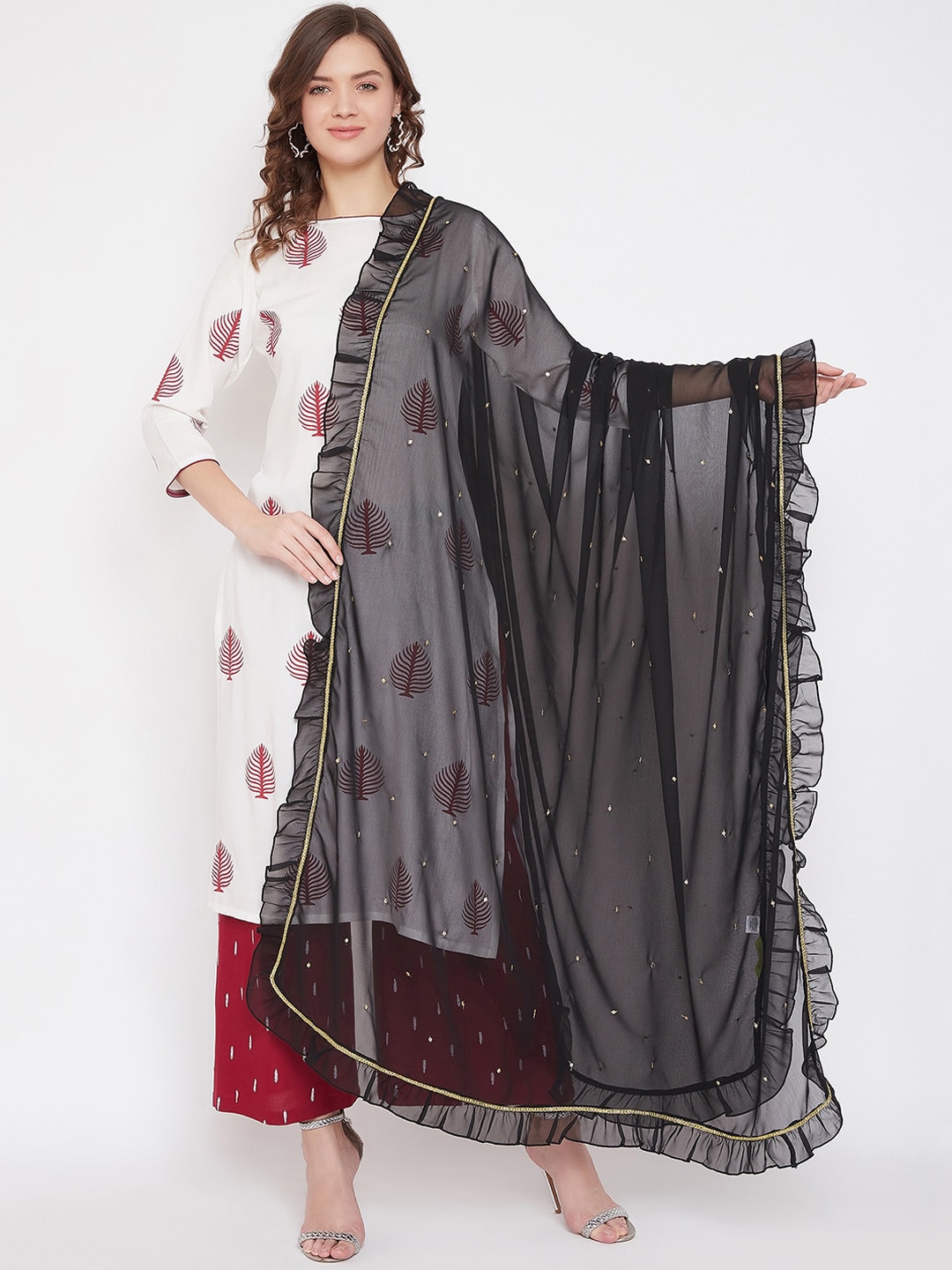 Bitterlime Black & Gold-Toned Solid Dupatta Price in India