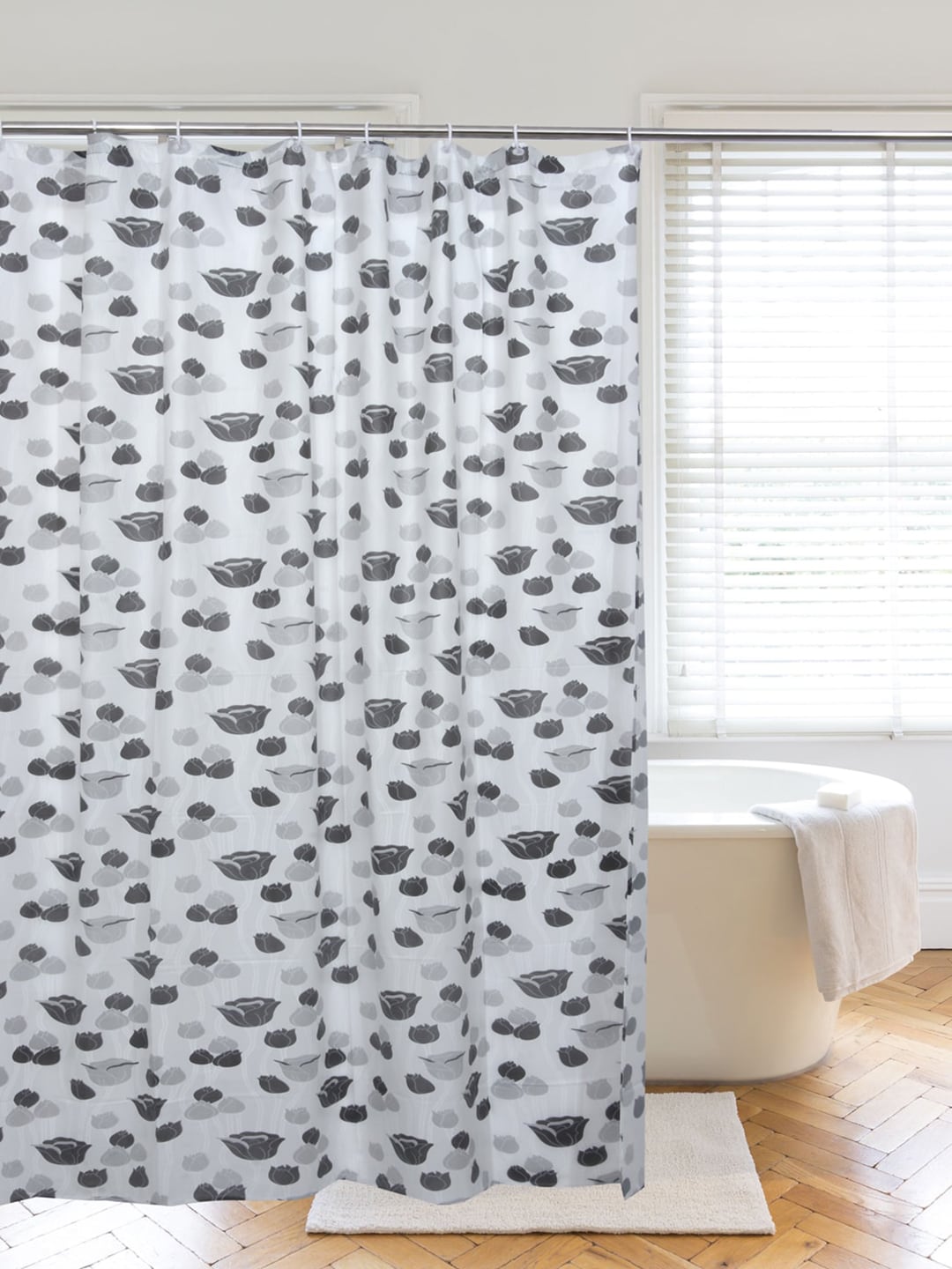 Clasiko White & Black Printed Shower Curtains With Hooks Price in India
