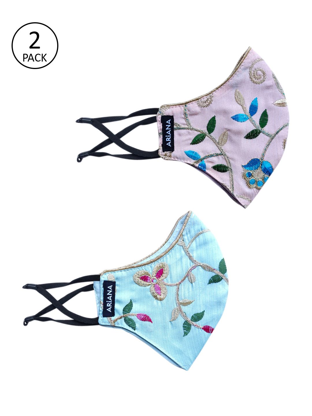 Ariana Women Pack Of 2 Intricate Floral Embroidered Reusable 2-Ply Cloth Masks Price in India