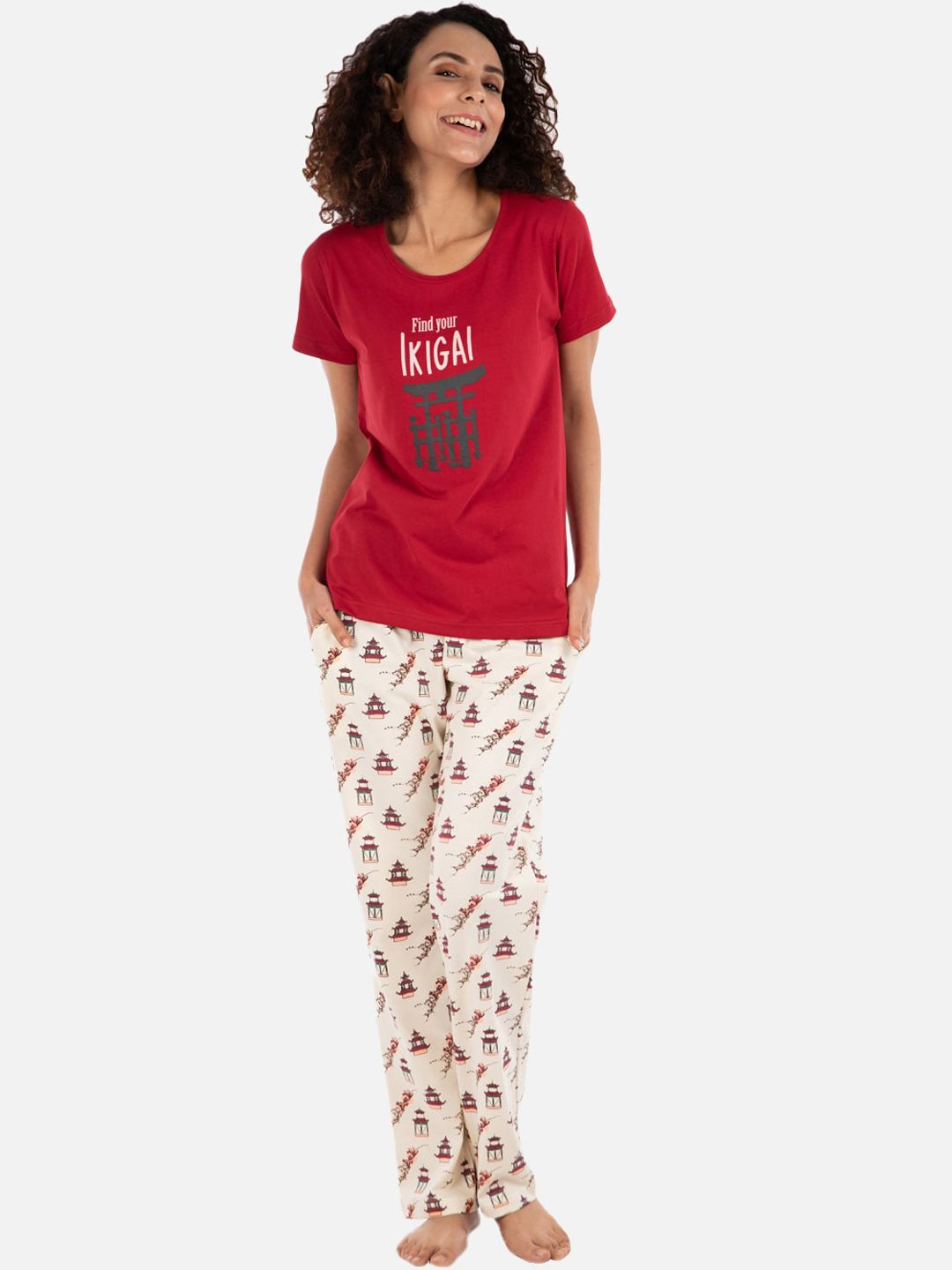 Nite Flite Women Red & Off-White Ikigai Printed Cotton Night suit Price in India