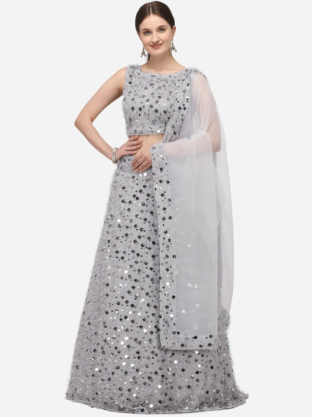 JATRIQQ Grey & Silver-Toned Embellished Semi-Stitched Lehenga & Unstitched Blouse with Dupatta Price in India