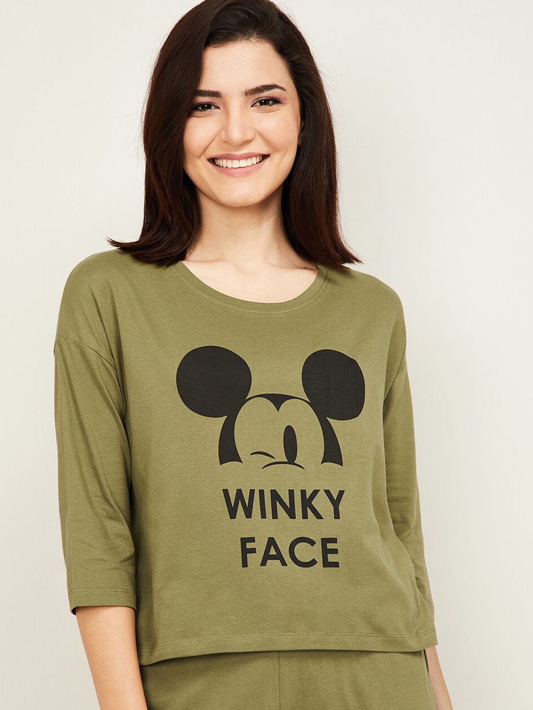 Ginger by Lifestyle Women Olive Green & Black Mickey Mouse Print Lounge T-shirt Price in India