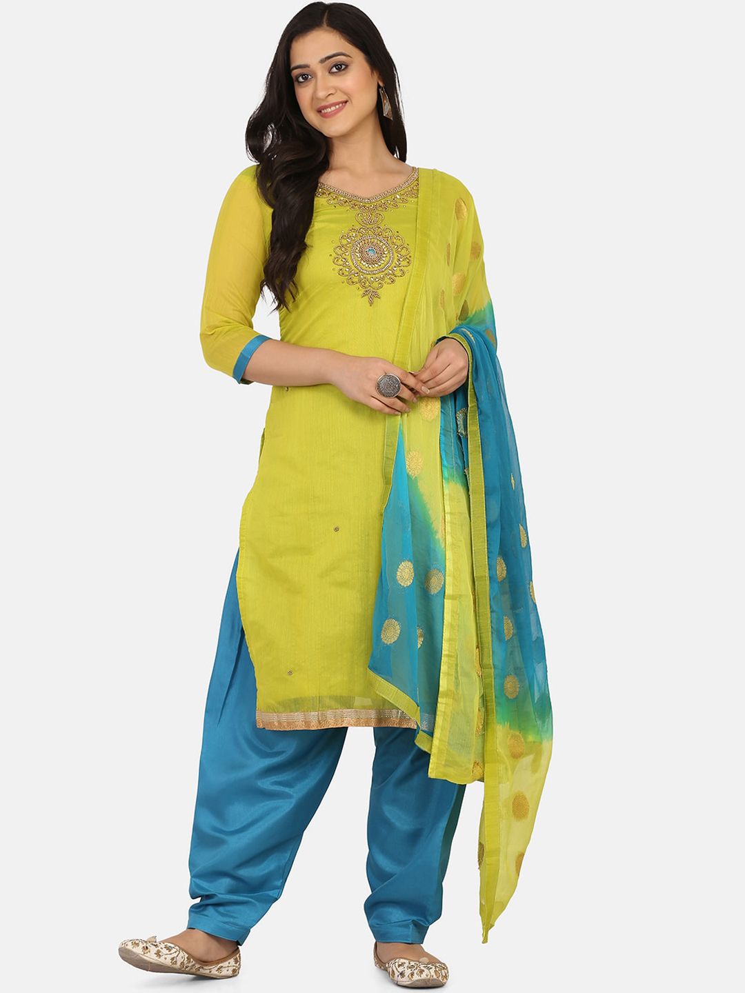 Shaily Lime Green & Blue Cotton Blend Unstitched Dress Material Price in India