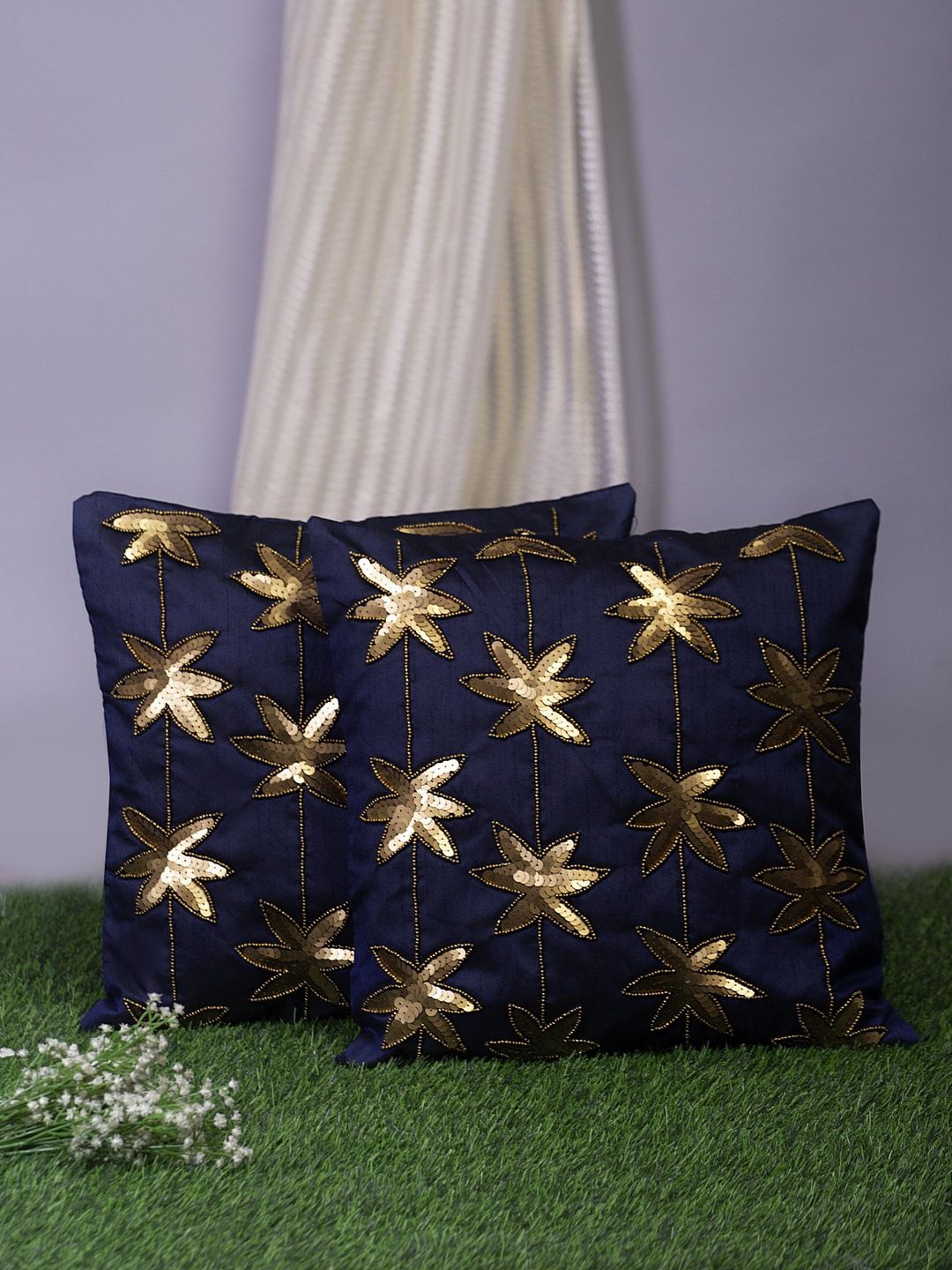 Alina decor Navy Blue & Gold-Toned Set of 2 Embellished Square Cushion Covers Price in India