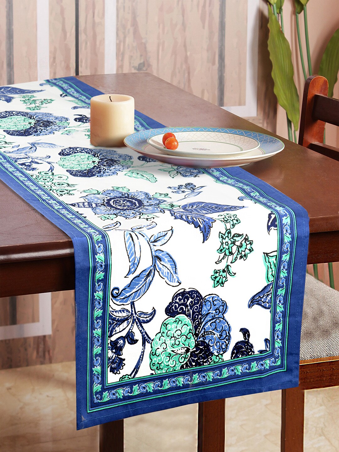 HOME AFFAIRS Blue & White Floral Printed Cotton Table Runner Price in India