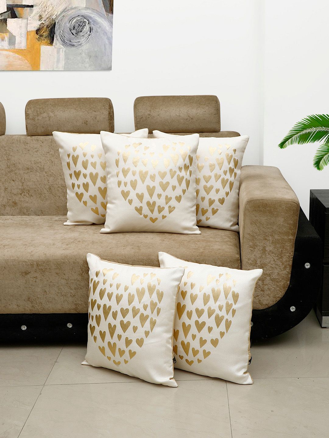 HOSTA HOMES Cream-Coloured & Gold-Toned Set of 5 Quirky Square Cushion Covers Price in India
