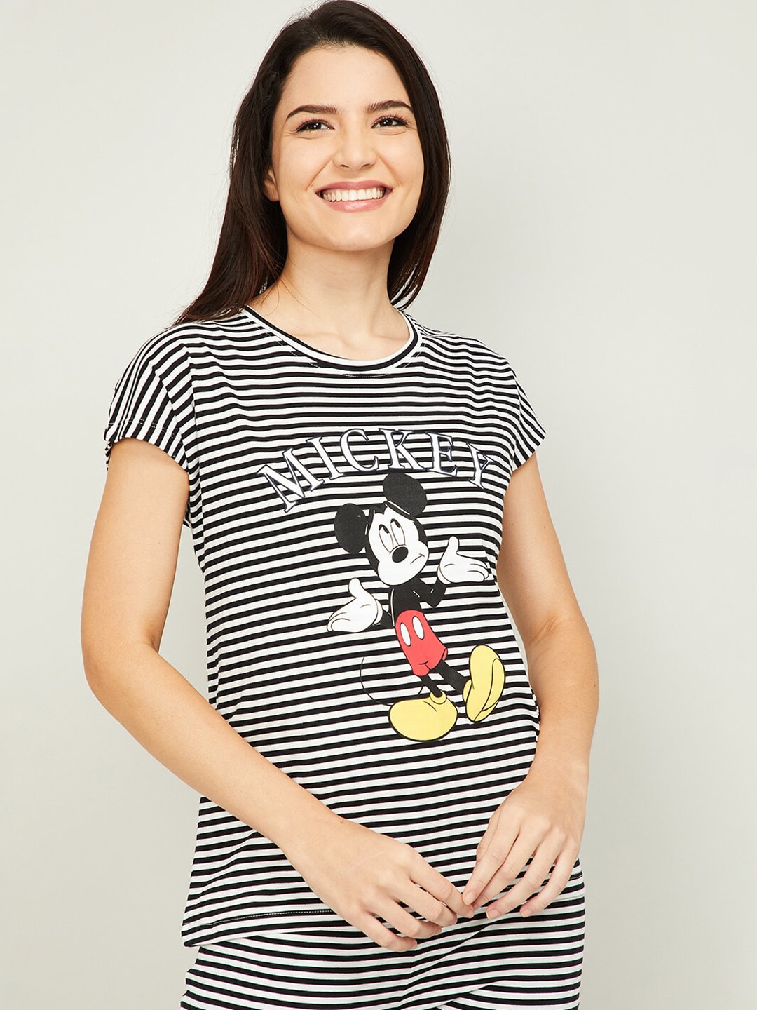 Ginger by Lifestyle Women Black & White Mickey Mouse Printed Lounge T-Shirt Price in India