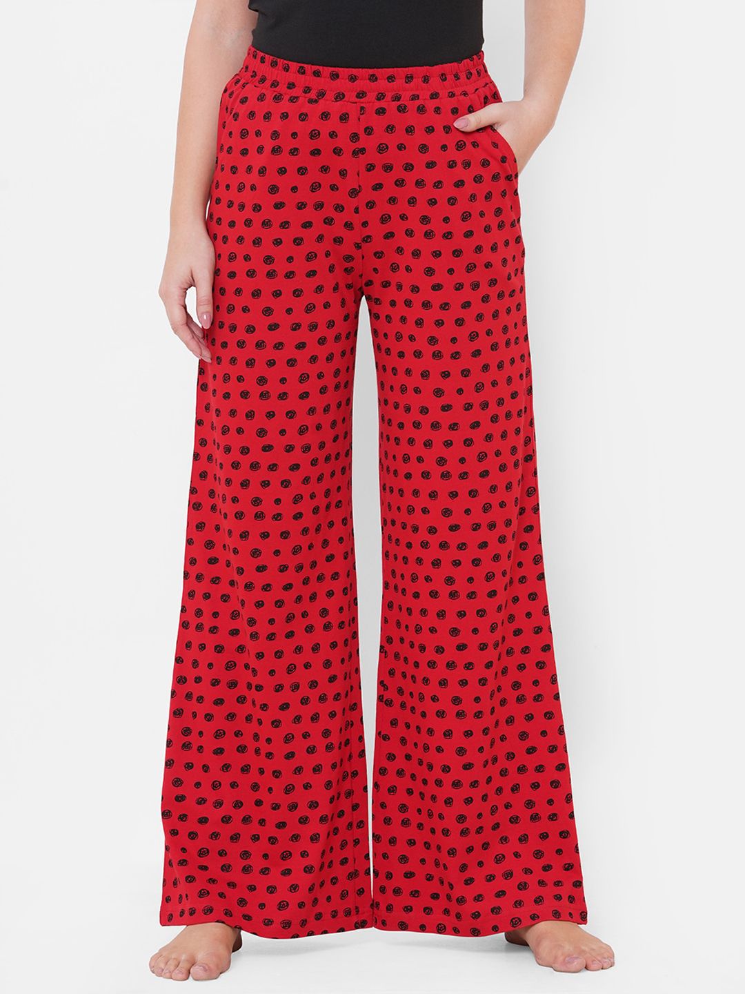 Mystere Paris Women Maroon & Black Polka Dot Printed Lounge Pants Price in India