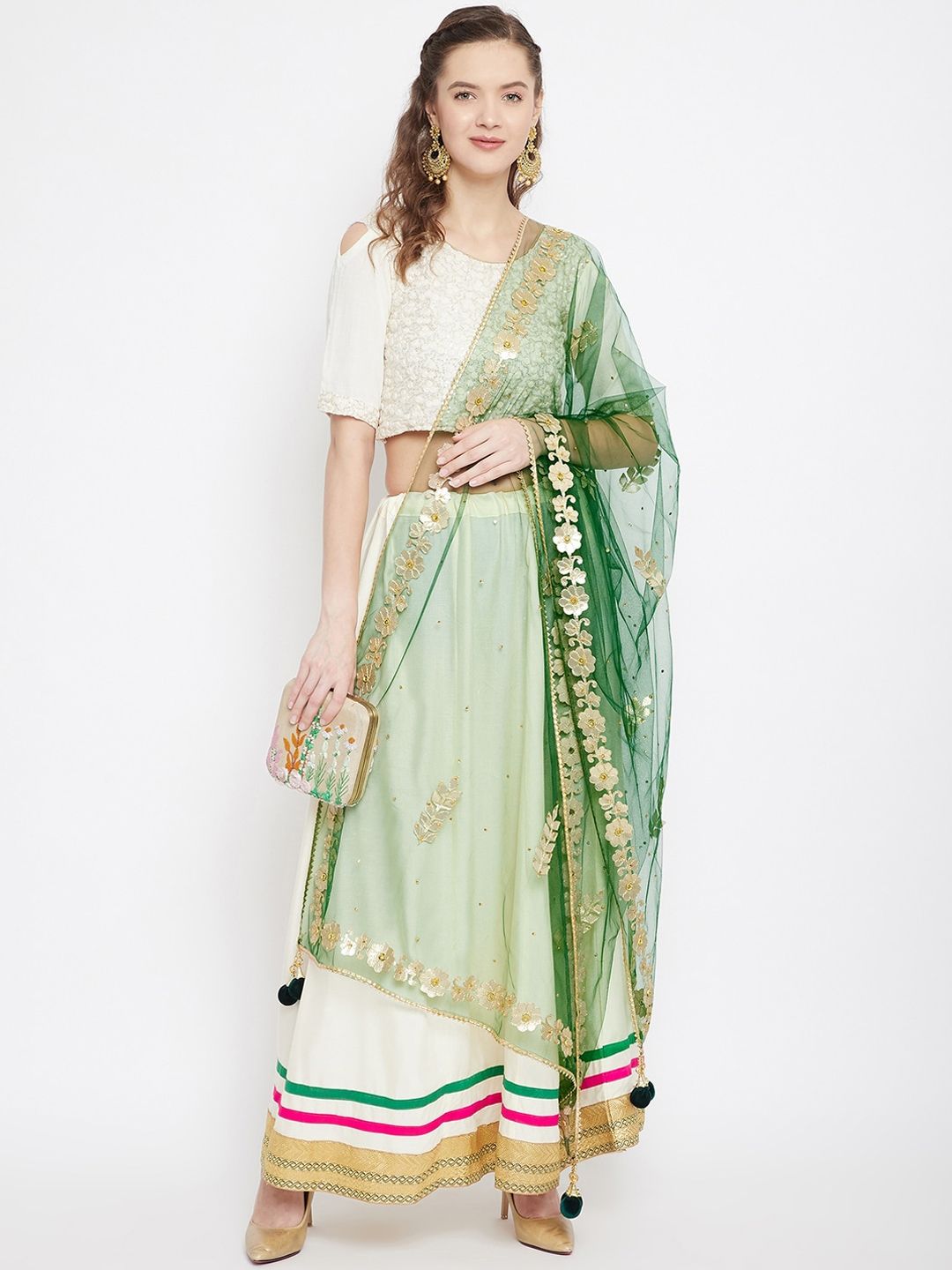 Clora Creation Green & Gold-Toned Embroidered Dupatta Price in India