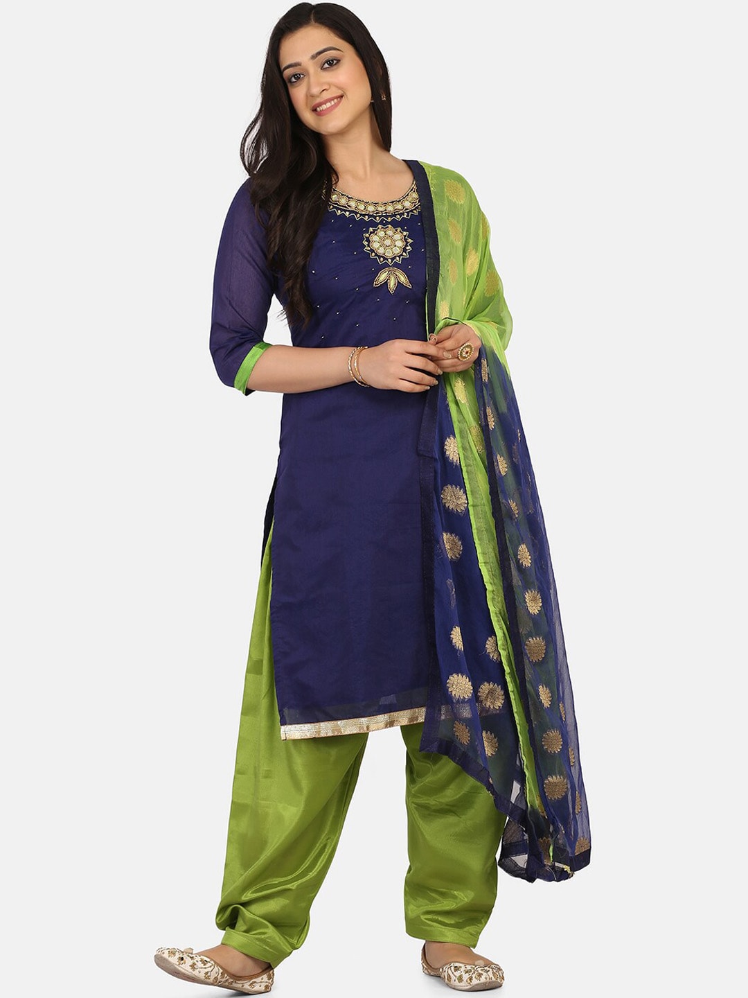 Shaily Navy Blue & Green Cotton Blend Unstitched Dress Material Price in India